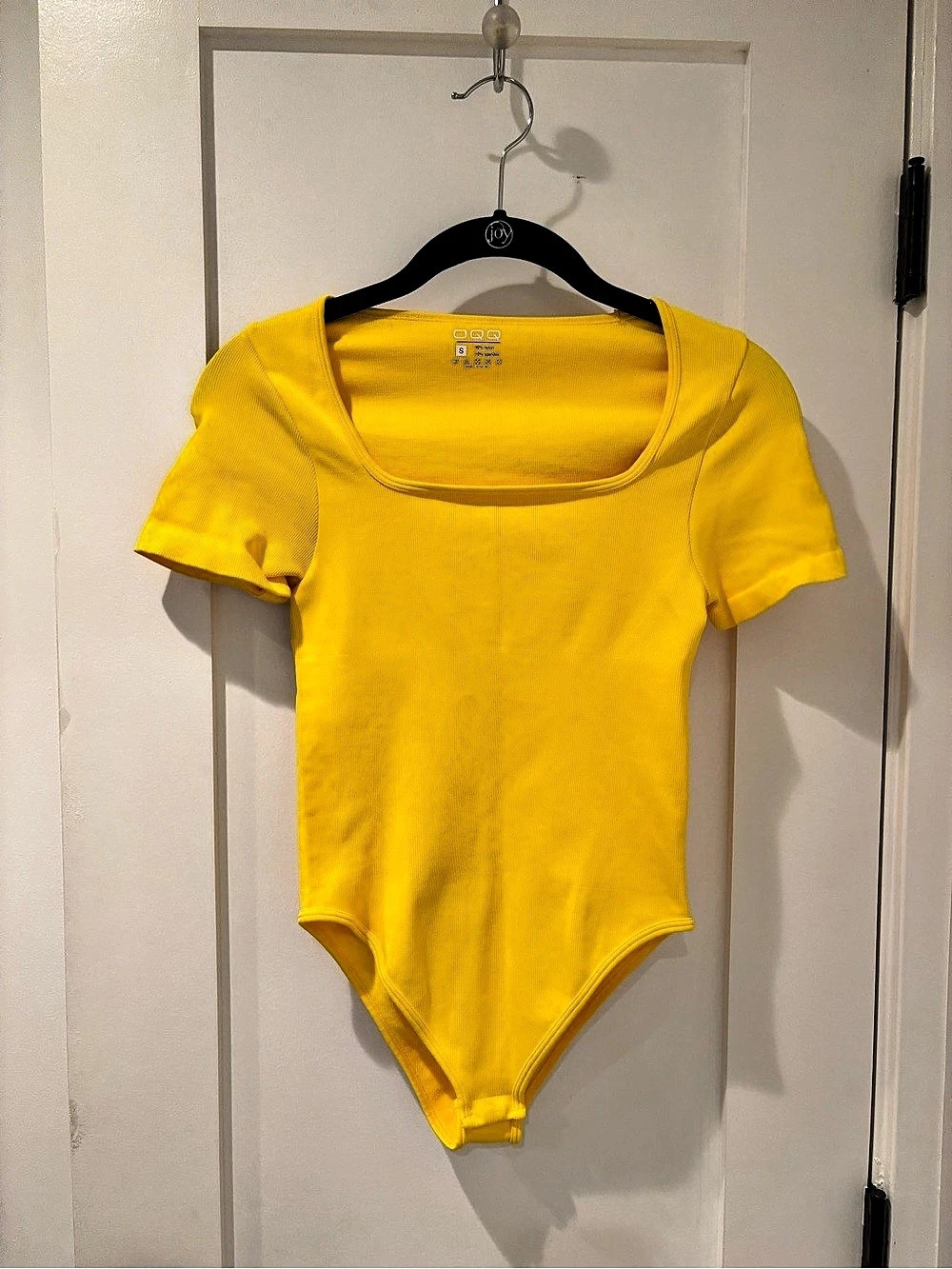 OQQ Sexy Ribbed Square Neck Short Sleeve Bodysuit Yellow Small